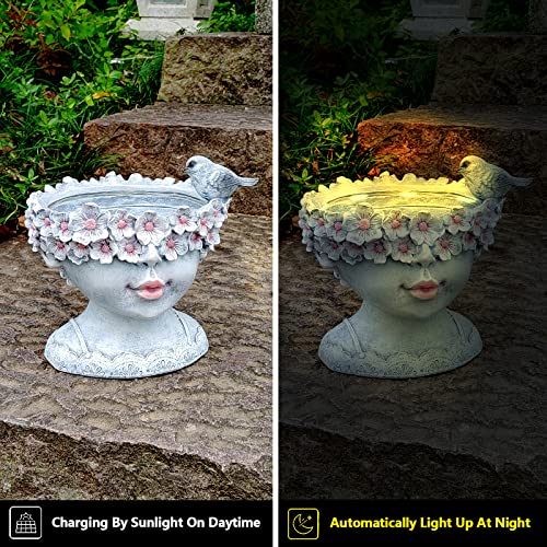 SJC Solar Garden Statues Garden Decor Flower Pot Bird Feeder with Lights,Solar Outdoor Lights,Waterproof Resin Sculpture Garden Decoration for Patio,Lawn,Yard,Home