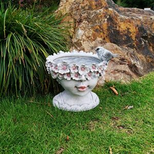 SJC Solar Garden Statues Garden Decor Flower Pot Bird Feeder with Lights,Solar Outdoor Lights,Waterproof Resin Sculpture Garden Decoration for Patio,Lawn,Yard,Home