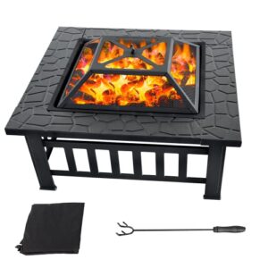 32″ heavy duty fire pit table with spark screen cover log grate and poker, square patio wood fire pit table for bonfire party backyard garden