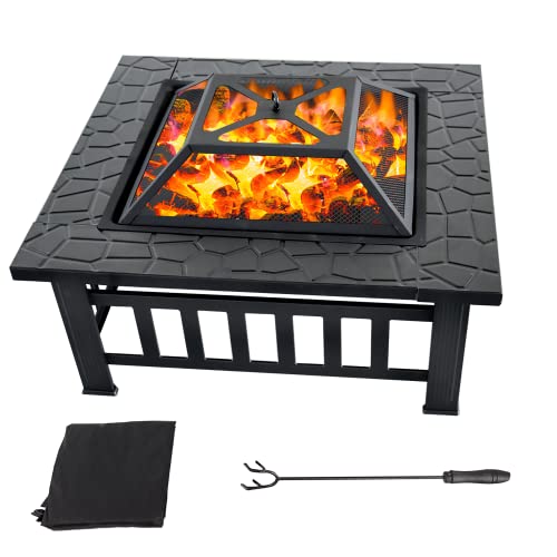 32" Heavy Duty Fire Pit Table with Spark Screen Cover Log Grate and Poker, Square Patio Wood Fire Pit Table for Bonfire Party Backyard Garden