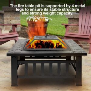 32" Heavy Duty Fire Pit Table with Spark Screen Cover Log Grate and Poker, Square Patio Wood Fire Pit Table for Bonfire Party Backyard Garden