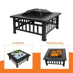 32" Heavy Duty Fire Pit Table with Spark Screen Cover Log Grate and Poker, Square Patio Wood Fire Pit Table for Bonfire Party Backyard Garden