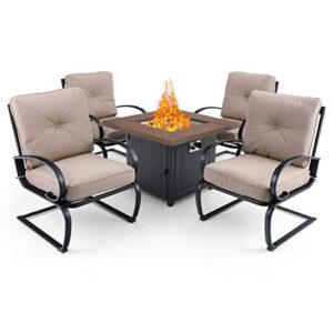 phi villa patio furniture set with gas fire pit table and 4 spring motion cushion chairs, square fire table with fire glass for outside, heavy duty frame, 34 inch (beige)
