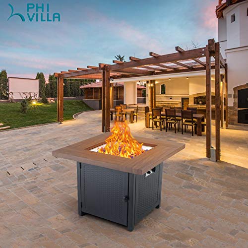 PHI VILLA Patio Furniture Set with Gas Fire Pit Table and 4 Spring Motion Cushion Chairs, Square Fire Table with Fire Glass for Outside, Heavy Duty Frame, 34 inch (Beige)