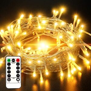 [ip65 waterproof] outdoor string lights battery operated, 33ft 100 led christmas fairy lights with remote control, timer program, 8 lighting modes for xmas halloween wedding garden patio – warm white