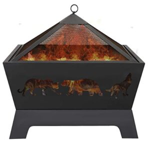 jupiterforce durable outdoor fire pit backyard patio garden stove wood burning fireplace with grid cover mesh lid, black
