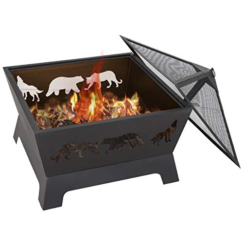 JupiterForce Durable Outdoor Fire Pit Backyard Patio Garden Stove Wood Burning Fireplace with Grid Cover Mesh Lid, Black