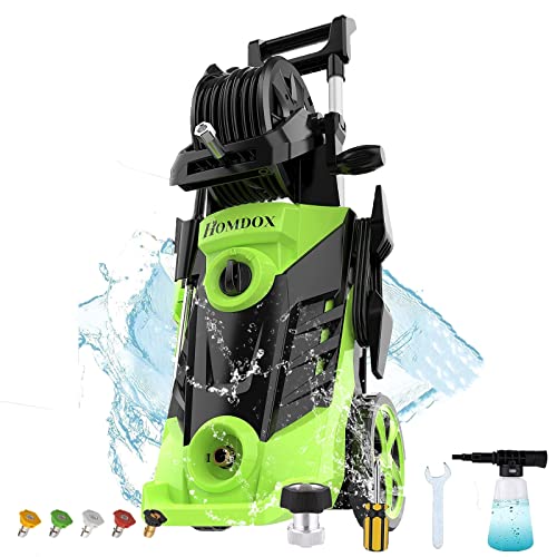 Homdox HX3000 Portable Pressure Washer with Hose Reel, 1800W/1.7 GPM Electric Power Washer, Small Pressure Washer with Detergent Bottle, 4 Nozzles for Outdoor Cleaning, Car/Garden/Patio Wash（Green）