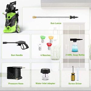 Homdox HX3000 Portable Pressure Washer with Hose Reel, 1800W/1.7 GPM Electric Power Washer, Small Pressure Washer with Detergent Bottle, 4 Nozzles for Outdoor Cleaning, Car/Garden/Patio Wash（Green）