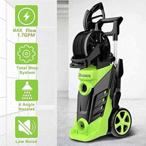 Homdox HX3000 Portable Pressure Washer with Hose Reel, 1800W/1.7 GPM Electric Power Washer, Small Pressure Washer with Detergent Bottle, 4 Nozzles for Outdoor Cleaning, Car/Garden/Patio Wash（Green）