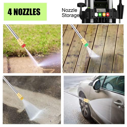 Homdox HX3000 Portable Pressure Washer with Hose Reel, 1800W/1.7 GPM Electric Power Washer, Small Pressure Washer with Detergent Bottle, 4 Nozzles for Outdoor Cleaning, Car/Garden/Patio Wash（Green）