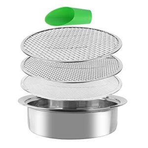 dirt garden sieve soil sifter – stainless stackable sifting pan soil sand sieve,9.5in sifting pan contain 3 sieve mesh filter sizes (0.043″,0.133″,0.204″) with bonsai soil scoops,garden shovels 1pack