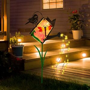 wufeily solar outdoor lights decorative, dragonfly garden decor glass solar watering can with cascading lights solar garden lights yard art garden stakes for walkway, pathway, yard, lawn, patio