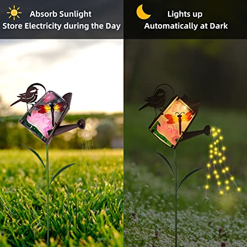 WUFEILY Solar Outdoor Lights Decorative, Dragonfly Garden Decor Glass Solar Watering Can with Cascading Lights Solar Garden Lights Yard Art Garden Stakes for Walkway, Pathway, Yard, Lawn, Patio