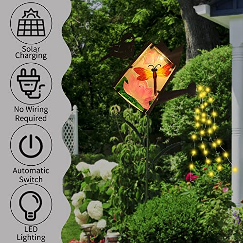 WUFEILY Solar Outdoor Lights Decorative, Dragonfly Garden Decor Glass Solar Watering Can with Cascading Lights Solar Garden Lights Yard Art Garden Stakes for Walkway, Pathway, Yard, Lawn, Patio