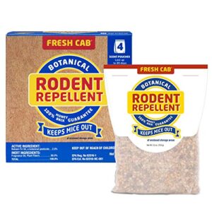 fresh cab rodent repellent; quickly repelling pests from treated areas; preventing re-infestation for up to 3 months; safe for children, pets and the environment; non-toxic; 8-scent pouches