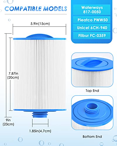 PACETAP Spa Filter Replacement for Pleatco PWW50, Unicel 6CH-940, Filbur FC-0359, Waterways 817-0050, 2 Pack 1 1/2" Coarse Thread Spa Hot Tub Filter for Waterway Vita Aber,Viking