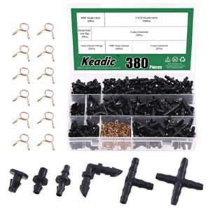 keadic 380pcs barbed connectors irrigation fittings kit contains elbows, end plug, tees, 4-way coupling, straight barbs, single barbs irrigation barbed connectors for 1/4″ tubing sprinkler drip systems
