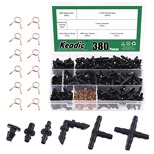 Keadic 380Pcs Barbed Connectors Irrigation Fittings Kit Contains Elbows, End Plug, Tees, 4-Way Coupling, Straight Barbs, Single Barbs Irrigation Barbed Connectors for 1/4" Tubing Sprinkler Drip Systems