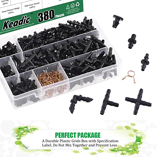 Keadic 380Pcs Barbed Connectors Irrigation Fittings Kit Contains Elbows, End Plug, Tees, 4-Way Coupling, Straight Barbs, Single Barbs Irrigation Barbed Connectors for 1/4" Tubing Sprinkler Drip Systems