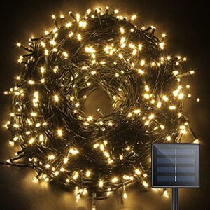 ozs-105ft 300led warm white solar christmas string lights outdoor, waterproof 8 modes green wire christmas tree lights for garden, christmas decorations (warm white)