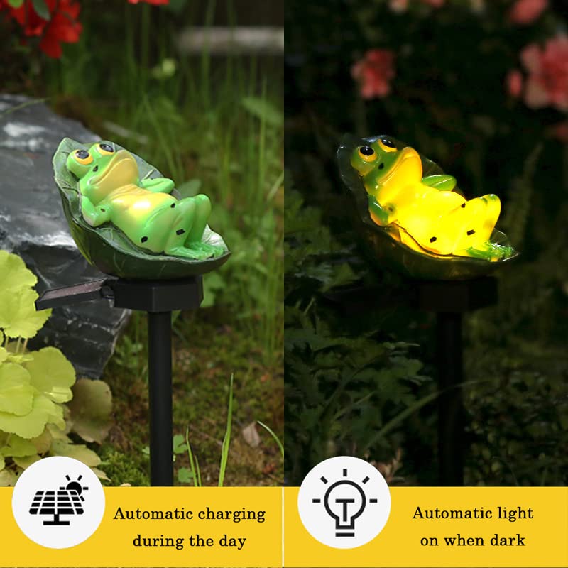 EZUME 2 Pack Frog Garden Solar Light Outdoor Decor, Cute Resin Animal Solar LED Light Waterproof with Stake, Ground Plug Solar Light for Garden, Lawn, Walkway, Patio, Yard Art Decoration