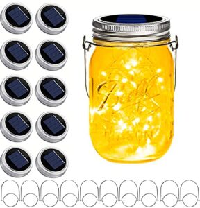 upgraded solar mason jar lights, 10 pack 30 led waterproof fairy firefly jar lids string lights with hangers(jars not included), patio yard garden wedding easter decoration – warm white