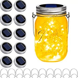 Upgraded Solar Mason Jar Lights, 10 Pack 30 LED Waterproof Fairy Firefly Jar Lids String Lights with Hangers(Jars not Included), Patio Yard Garden Wedding Easter Decoration - Warm White