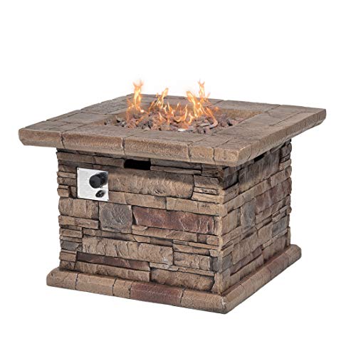 HOMPUS Outdoor Propane Fire Pit Table 32-inch Imitation Stone Square Concrete Propane Fire Pit with Lava Rocks and Rain Cover 50,000 BTU Gas Smokeless Fire Pit for Outside Patio,Garden,Deck,Backyard