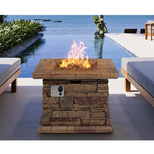 HOMPUS Outdoor Propane Fire Pit Table 32-inch Imitation Stone Square Concrete Propane Fire Pit with Lava Rocks and Rain Cover 50,000 BTU Gas Smokeless Fire Pit for Outside Patio,Garden,Deck,Backyard