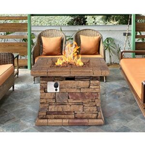 HOMPUS Outdoor Propane Fire Pit Table 32-inch Imitation Stone Square Concrete Propane Fire Pit with Lava Rocks and Rain Cover 50,000 BTU Gas Smokeless Fire Pit for Outside Patio,Garden,Deck,Backyard