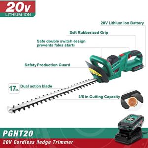 POSENPRO 20V Cordless Electric Hedge Trimmer,2.0Ah Batteries,17" Cutting Length,3/5" Cutting Capacity,1100 RPM,Easy Cut Lightweight Garden Handheld Cutter,Includes Battery,Charger Safety Blade Guard