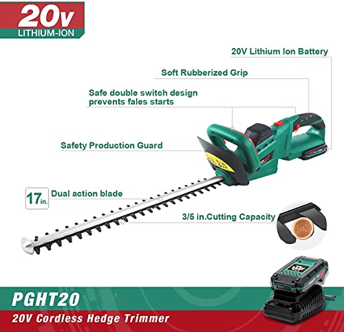 POSENPRO 20V Cordless Electric Hedge Trimmer,2.0Ah Batteries,17" Cutting Length,3/5" Cutting Capacity,1100 RPM,Easy Cut Lightweight Garden Handheld Cutter,Includes Battery,Charger Safety Blade Guard