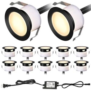 recessed led deck light kits 12 pack, warm white 3500k with Φ1.22-inch black protecting shell , 12v low voltage landscape in-ground lighting, ip67 waterproof outdoor step stair lights for garden