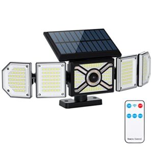 solar outdoor lights motion sensor with remote control, 244 led 3 lighting modes, 5 adjustable heads security flood wall light ip65 waterproof, 2400mah 360° wide angle spotlight for garage yard garden