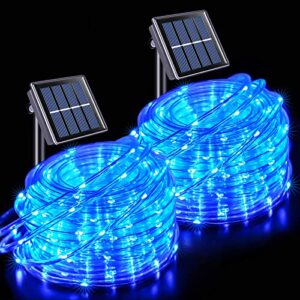 jmexsuss 2 pack 100 led solar rope lights, ip65 solar rope lights outdoor waterproof led, 33ft 8 modes pvc tube solar christmas fairy lights for trampoline xmas fence yard walkway path garden(blue)