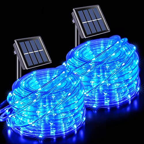 JMEXSUSS 2 Pack 100 LED Solar Rope Lights, IP65 Solar Rope Lights Outdoor Waterproof LED, 33ft 8 Modes PVC Tube Solar Christmas Fairy Lights for Trampoline Xmas Fence Yard Walkway Path Garden(Blue)