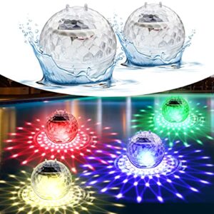 floating pool lights, solar pool lights with rgb color changing waterproof pool lights that float for swimming pool at night hangable led disco glow ball lights for pond, garden, backyard (2 pack)