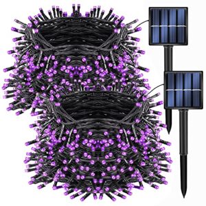 dazzle bright 2 pack 200 led 66 ft halloween solar string outdoor lights, solar powered with 8 modes waterproof christmas lights for bedroom patio garden tree party yard decoration (purple)