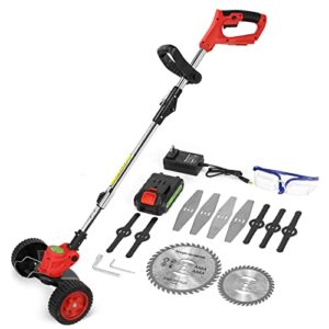 vicien cordless weed eater weed wacker 3-in-1 lightweight push lawn mower & edger tool with 3 types blades,21v 2ah li-ion battery powered for garden and yard,red