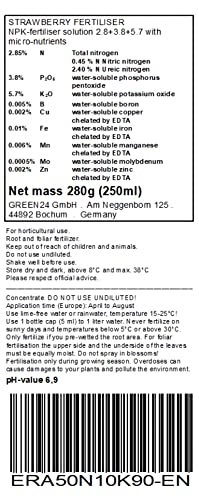 Strawberry Liquid Fertilizer, Feed, Plant Food NPK for Garden Strawberry, Fragaria Species, Cambridge Favourite’, ‘Hapil’, ‘Honeoye’, ‘Pegasus’, ‘Rhapsody’, ‘Symphony’ (Made in Germany)