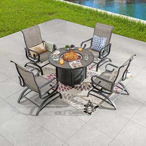 Festival Depot 5Pcs Patio Fire Pit Table Set, Outdoor Furniture Conversation Set, Propane Table and 4 Armchairs with High Textilene Back and Metal Frame for Backyard Porch Lawn Deck Garden (Grey)