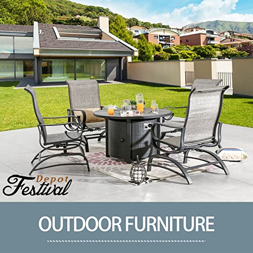 Festival Depot 5Pcs Patio Fire Pit Table Set, Outdoor Furniture Conversation Set, Propane Table and 4 Armchairs with High Textilene Back and Metal Frame for Backyard Porch Lawn Deck Garden (Grey)