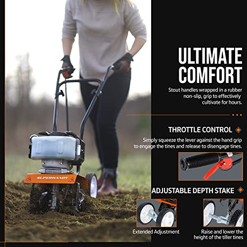 SuperHandy Mini Tiller Cultivator Super Duty 3HP 50cc 2 Stroke Gas Motor 4 Premium Steel Adjustable Forward Rotating Tines for Garden & Lawn, Digging, Weed Removal & Soil Cultivation EPA/CARB