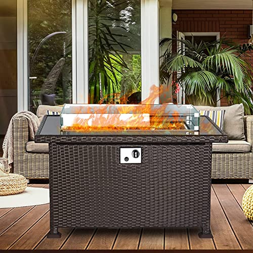 Propane Fire Pit Table Outdoor: 44" 60000BTU Auto-Ignition Propane Fire Pits Table with Wind Guard Square Large Wicker Propane Firepits Rattan Fire Pits Table for Patio Garden Dinning (CSA Certified)