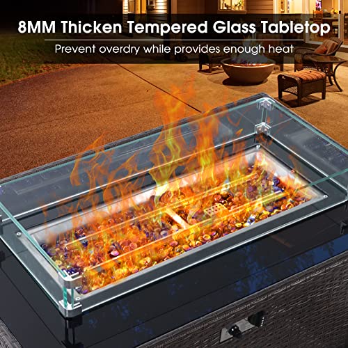 Propane Fire Pit Table Outdoor: 44" 60000BTU Auto-Ignition Propane Fire Pits Table with Wind Guard Square Large Wicker Propane Firepits Rattan Fire Pits Table for Patio Garden Dinning (CSA Certified)