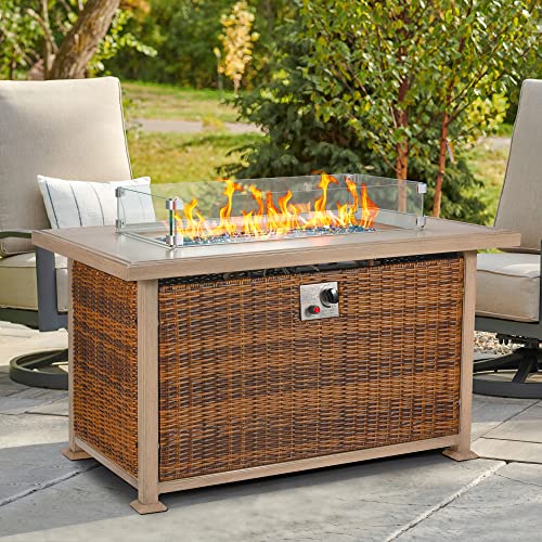GYUTEI 50 in Propane Fire Pit Table,Rattan Fire Pit Table with Glass Wind Guard,50,000 BTU Gas Firepits for Outside ,CSA Certification and Aluminum Tabletop for Garden Patio Lawn(Brown)