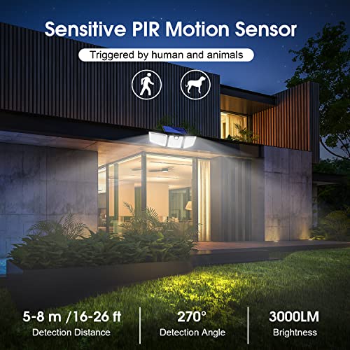 sparks fly Solar Motion Sensor Outdoor Lights, 3 Heads Security Lights Solar Powered, 3000LM Solar Lights, 180 LED Flood Lights Spotlight 270° Rotatable IP65 Waterproof for Yard Patio Garden Pathway