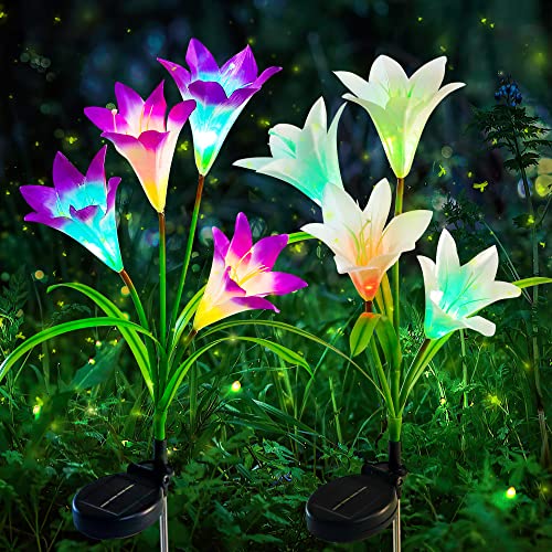 mimigogo Solar Garden Stake Lights,2 Pack Outdoor Waterproof Solar Powered Lights with 8 Lily Flowers, 7 Colors Changing LED Solar Lights for Garden, Patio, Backyard(Purple and White)