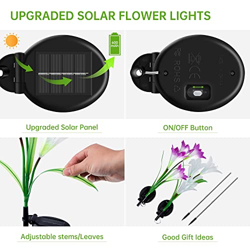 mimigogo Solar Garden Stake Lights,2 Pack Outdoor Waterproof Solar Powered Lights with 8 Lily Flowers, 7 Colors Changing LED Solar Lights for Garden, Patio, Backyard(Purple and White)